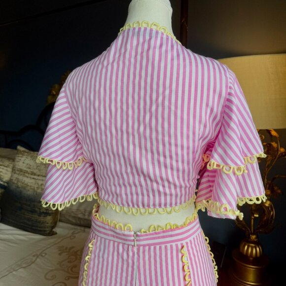 Pink and White Striped w Yellow Trim Flounce Tie Top and Maxi Skirt Set - Picture 9 of 15